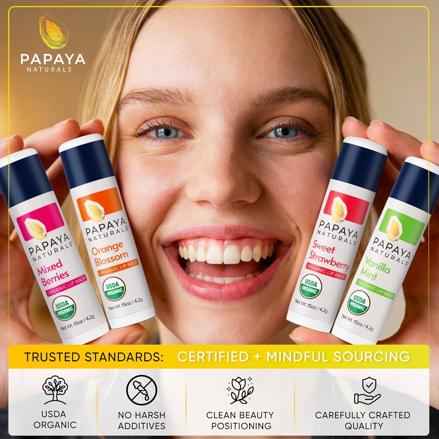 USDA Organic Lip Balm Set, 6 Pack – Organic Beeswax, Cocoa Butter & Vitamin E Lip Balm for Dry Lips – Moisturizing Natural Lip Care with Assorted Fruit Flavors