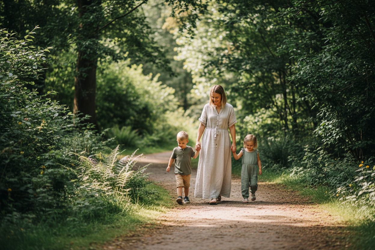 Mother walking with kids outdoors